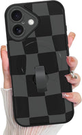 KANGHAR Compatible with iPhone 16 Case, Support for MagSafe, Silicone Checkered Cute Pattern, Wristband Kickstand Camera Protection Soft Slim Cover for Girls Women -Black