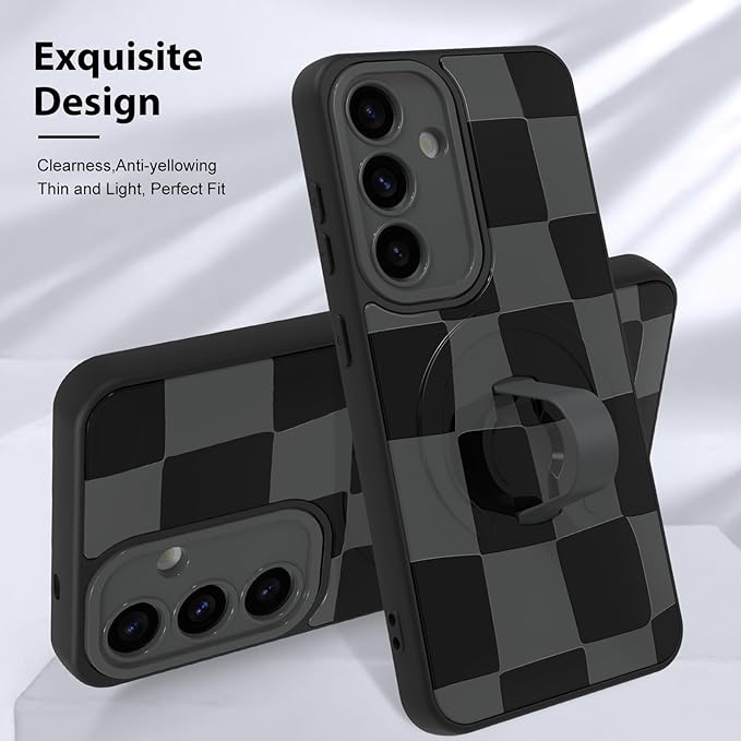KANGHAR Compatible with Samsung Galaxy S25 Case, Support for MagSafe, Silicone Checkered Cute Pattern, Wristband Kickstand Camera Protection Soft Slim Cover for Girls Women -Black