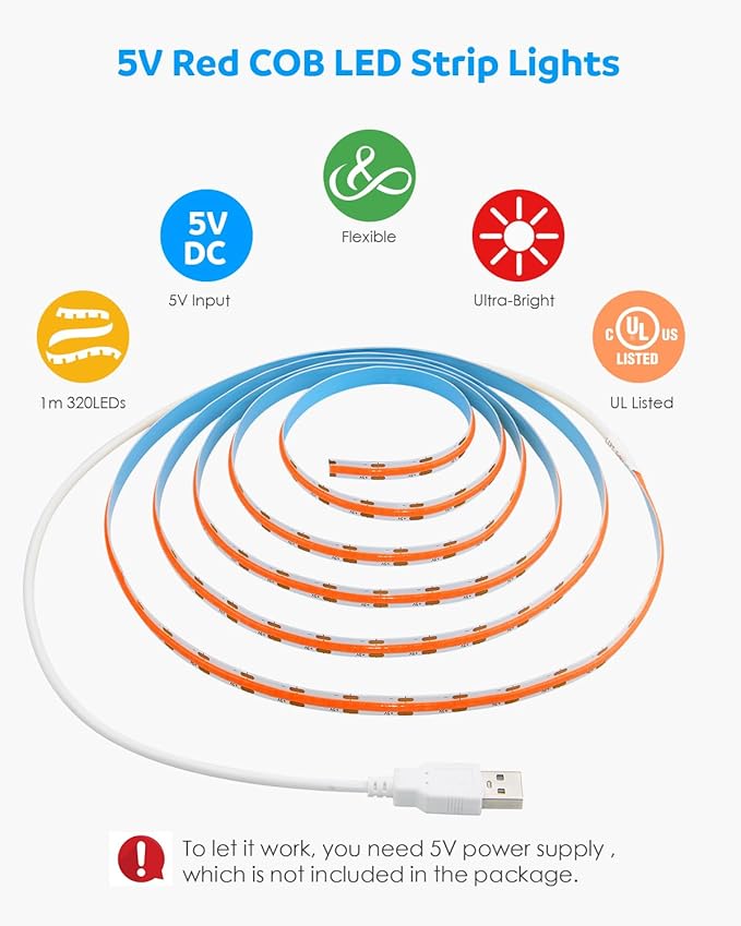 Aclorol COB LED Strip Light 5V USB Powered COB Led Light Red 3.28FT 320Leds CRI85+ Flexible Led Light Strip 1M for TV Wall Secretaire Cabinet Bed Lighting and Other DIY Lighting