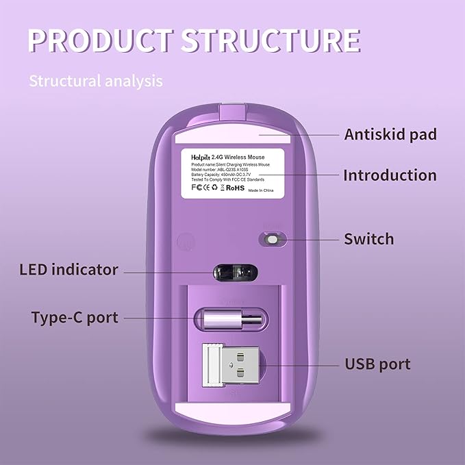 Halpilt Wireless Mouse Chargeable Portable Silent USB and Type-C Dual Mode Wireless Mouse 3 Adjustable DPI for Laptop, Mac, Android, PC (Q23S Black) (Purple)
