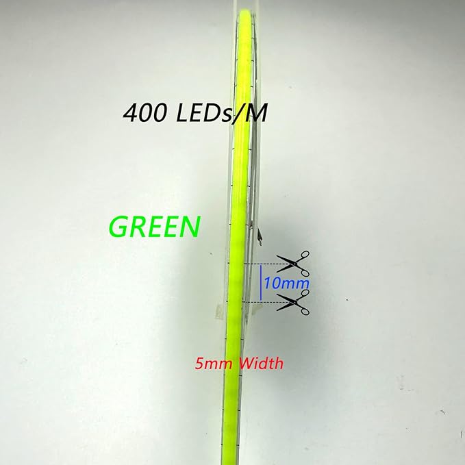 5mm COB LED Strip,12V 400LEDs/m RA>90 High CRI LED Tape Light,Multiple Color Options, Cuttable Flexible,16.4FT 2000LEDs IP30 COB LED Light for Indoor House Kitchen Room Decor (Green)