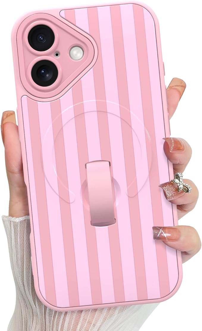 KANGHAR Compatible with iPhone 16 Case, Support for MagSafe, Silicone Stripes Cute Pattern, Wristband Kickstand Camera Protection Soft Slim Cover for Girls Women -Pink