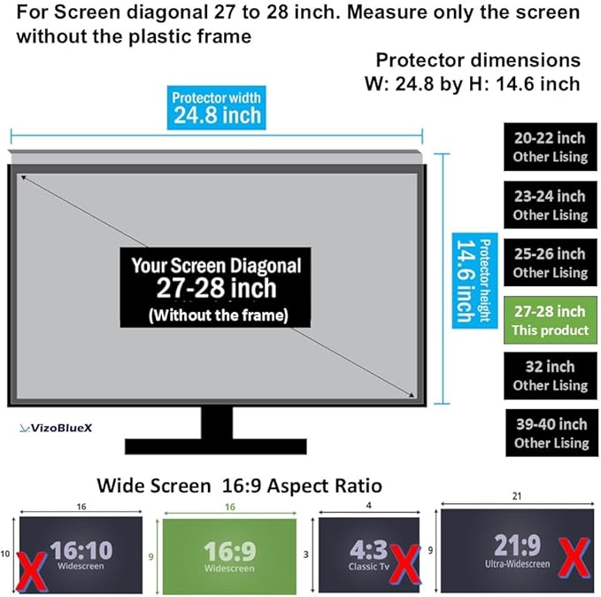 VizoBlueX 27-28 inch Anti-Blue Light Filter for Computer Monitor. Blue Light Monitor Screen Protector panel (24.8"x14.6") Fits LCD TV PC iMac Studio 27