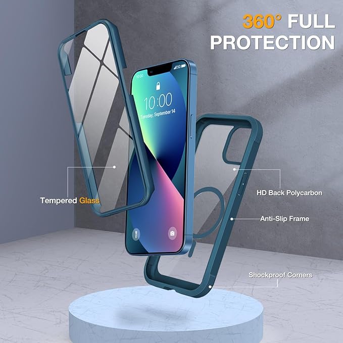 Miracase for iPhone 13 Case 6.1'',Full-Body Magnetic Clear Bumper Case with Built-in 9H Tempered Glass Screen Protector,Military Drop Protection Outdoor Phone Case,Storm Blue