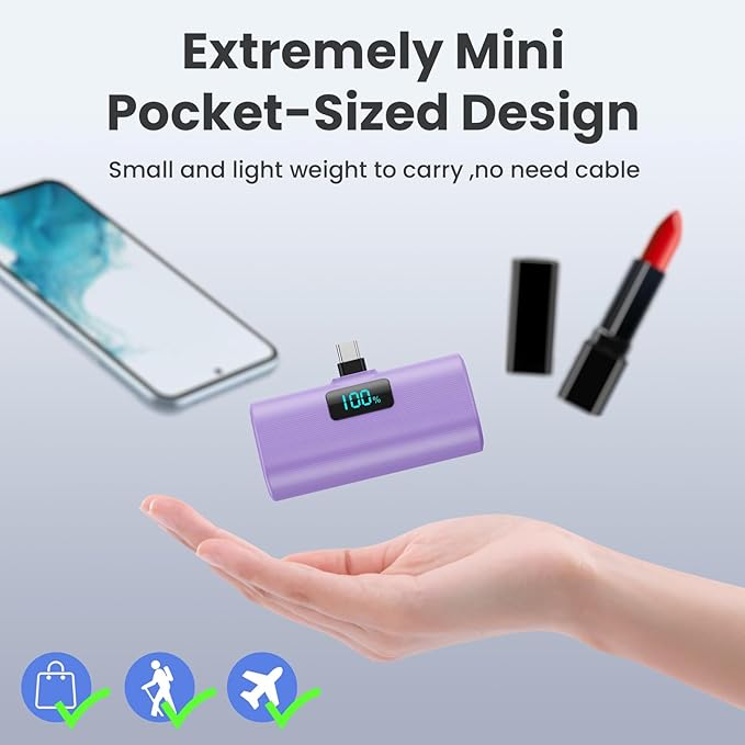 [2-Pack]Portable Charger for iPhone 16/15 Series,5200mAh PD USB C Power Bank Built-in USB-C Connector,Battery Pack Compatible with iPhone 16/16 Plus/16 Pro/16 Pro Max/15 Series,Android (Pink+Purple)