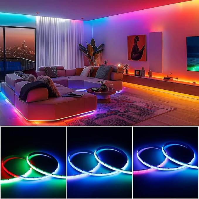 DC5V Smart WS2811 IC RGB COB LED Strip 16.4FT/5M, 720LED/m 40IC/M 10mm Width High Density Uniform Chasing Color Light DC5V White PCB Flexible Tape Light(No Adapter or Controller)