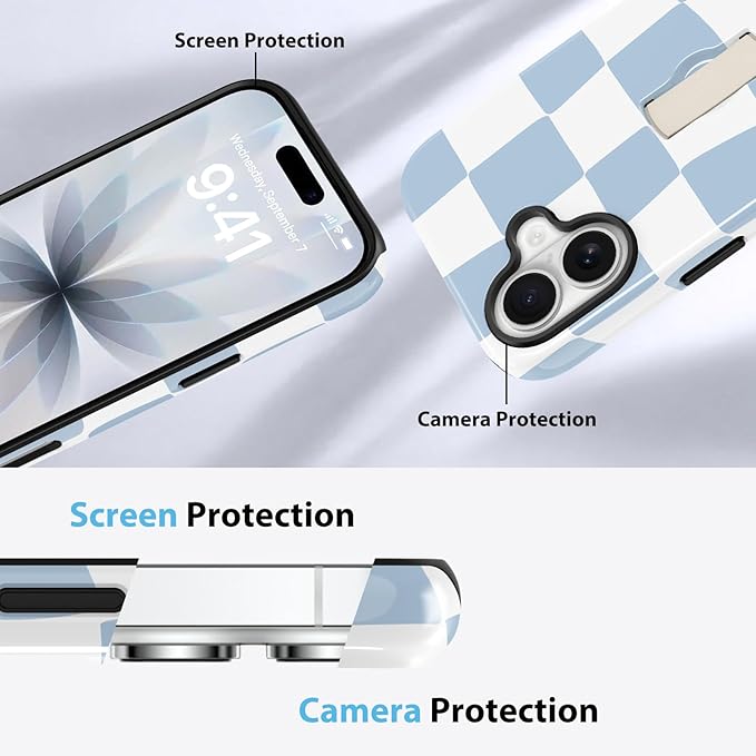 KANGHAR Compatible with iPhone 17 Case, Support for MagSafe, Silicone Checkered Cute Pattern, Finger Hold Wristband Kickstand Camera Protection Soft Slim Phone Case for Girls Women -Light Blue