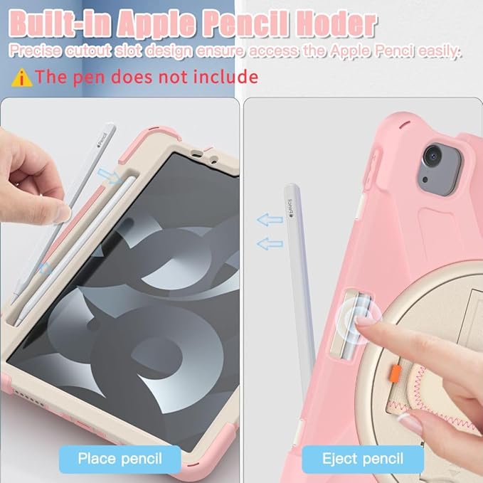 BRAECNstock Kids Case for Apple iPad Air 11 inch (M4/M3/M2)/Air 5th/4th Gen 10.9"/Pro 11 inch 4th/3rd/2nd/1st Gen, Shockproof with Screen Protector, Pen Holder, Rotating Hand Strap+Stand, Sakura Pink