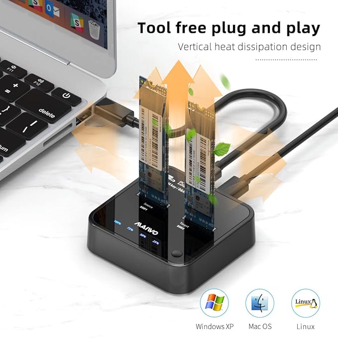 MAIWO K3016P Dual-Bay M.2 NVMe Docking Station, USB-C 3.1 Gen2 10Gbps, Offline One-Key Clone, Tool-Free SSD Enclosure for 2242/2260/2280/22110 PCIe NVMe SSDs – Compatible with Windows/Mac/Linux