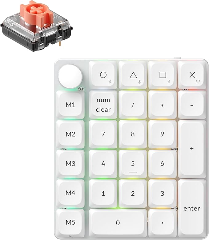 Keychron K0 Max QMK Wireless Custom Number Low-Profile RGB Backlit (Hot-Swappable) Silent Red Switch Keypad, 2.4 GHz & Bluetooth 5.3 Connection, 1000Hz Polling Rate - White
