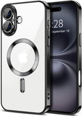 Hython Magnetic Clear for iPhone 16 Case with Camera Lens Protector [Compatible with MagSafe] Luxury Plating Edge Slim Soft TPU Cover Protective Phone Case for iPhone 16 6.1", Black
