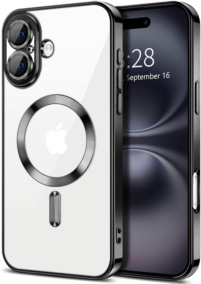 Hython Magnetic Clear for iPhone 16 Case with Camera Lens Protector [Compatible with MagSafe] Luxury Plating Edge Slim Soft TPU Cover Protective Phone Case for iPhone 16 6.1", Black