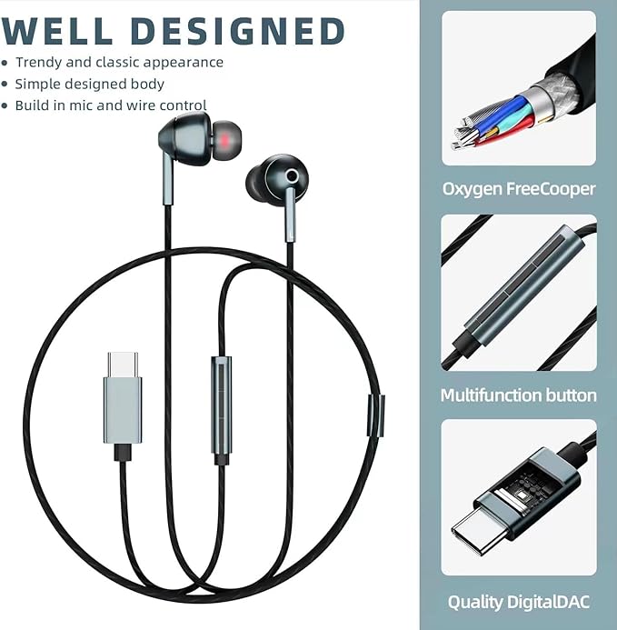 USB-C Wired Earbuds with Microphone, Volume Control, Noise Canceling, Compatible with Samsung Galaxy S24 S23 S22, iPhone 15, Pixel Phones (2Pack-Gray)