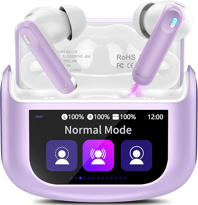 Thunelec Wireless Earbuds, Bluetooth 5.4 Headphones with Multifunctional Touch Screen, 48H Bass Stereo Ear Buds with ANC/ENC Noise Cancelling/Transparency Mode, IPX7 Earphones with 5 EQ Modes, Purple