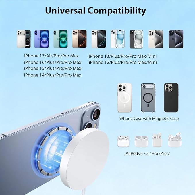 Magnetic Wireless Charger [Apple MFi Certified], 3.3FT 15W Fast Apple Mag-Safe Charger Pad with USB C Fast Charging Block Compatible with iPhone 17/Air/Pro/Pro Max/16/15/14/13/Plus/Pro/Pro Max,AirPods