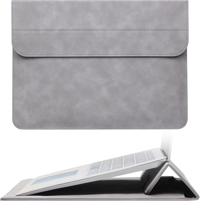 Megoo 15" Slim Laptop Sleeve PU Case with Stand for MacBook Air 15.3"/Pro 16.2", Samsung Galaxy Book 15.6", Microsoft Surface Laptop 7/6/5/Book 15.6", Carry Case for 15" 16" Chromebook Notebook(Gray)