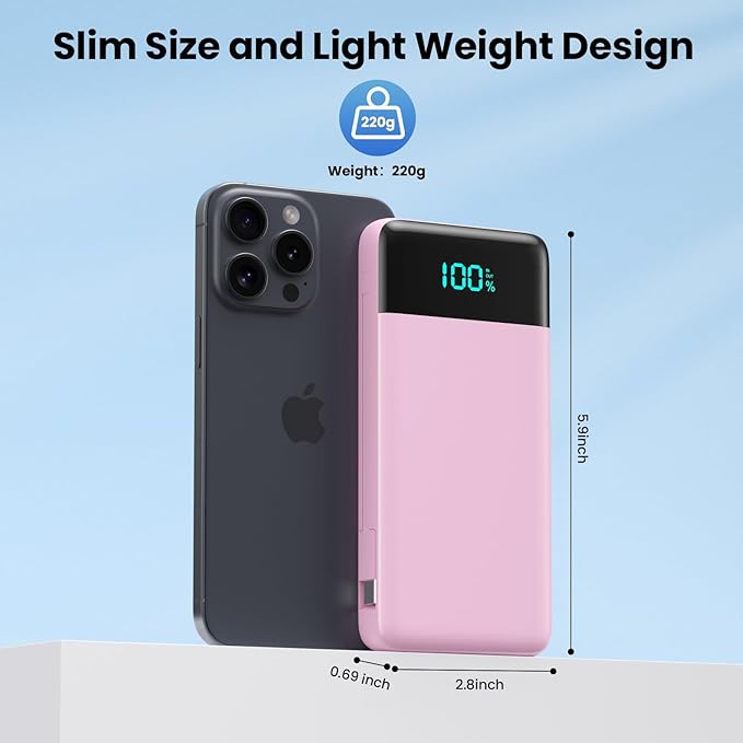 Portable Charger for iPhone,13800mAh Slim Power Bank with Built-in Cables & AC Wall Plug,All in One 4 Outputs USB C Fast Charging Battery Pack for iPhone 17/16/15/14,Android,Travel Essential (Pink)