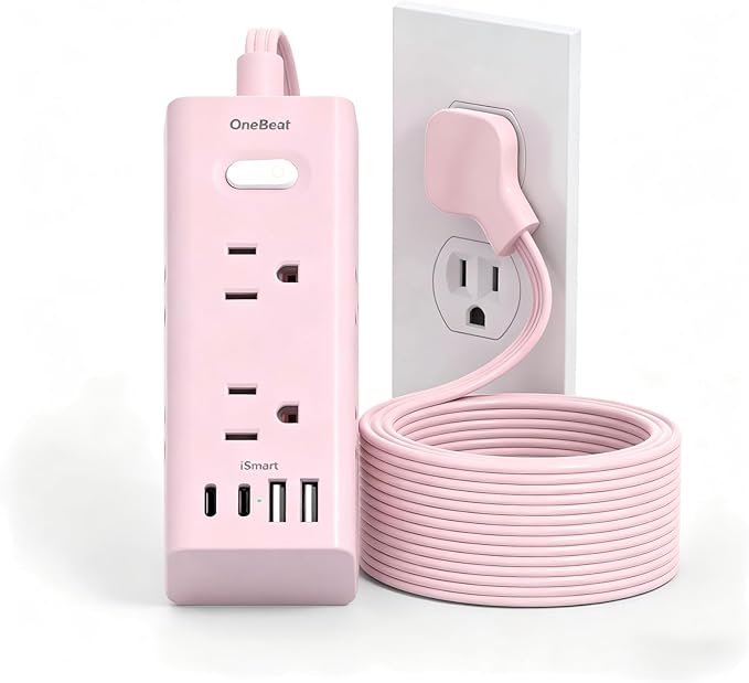 10Ft Extension Cord with Multiple Outlets,Flat Plug Power Strip Surge Protector with 10 Ft Long Cord,6 Outlet 4 USB Ports (2USB C),Multi Outlet Wall Plug for College,Dorm Essentials(Pink)