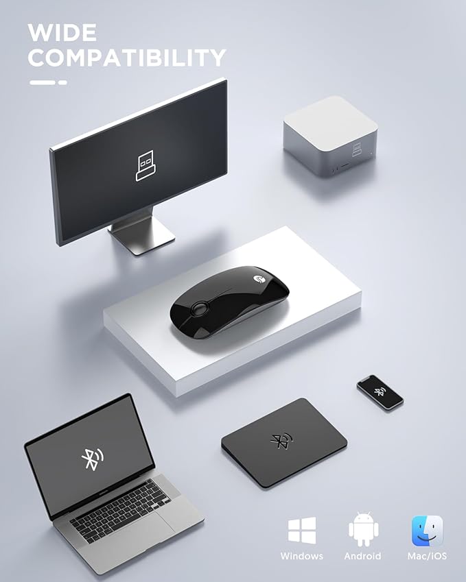 RAPIQUE Bluetooth Wireless Mouse - (BT5.1+USB) Slim Dual Mode Computer Mice with Quiet Click, Low Power, and 1600 DPI, Portable Mouse for MacBook, Laptop, iPad Pro/Air, Surface Pro (Black)