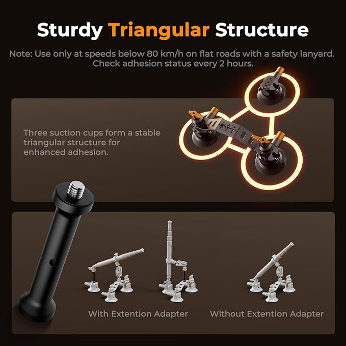K&F CONCEPT Triple Suction Cup Car Mount for Camera, Heavy Duty 3-in-1 Kit with 15° Curved Surface Adjustment, Extension Pole & Phone Holder, Compatible with Insta360 X5/X4 GoPro DJI Action 5/4/3/2