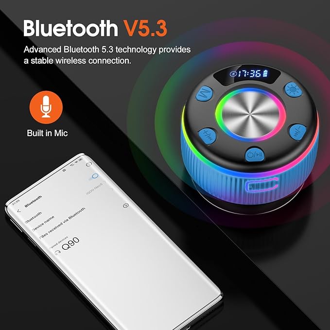 Bluetooth Shower Speaker, Portable Bluetooth 5.3 Speakers Wireless with Time Display, IP7 Waterproof Speakers with RGB Light, Suction Cup, Mini Stereo Speaker for Bathroom Party Beach Outdoor, Blue