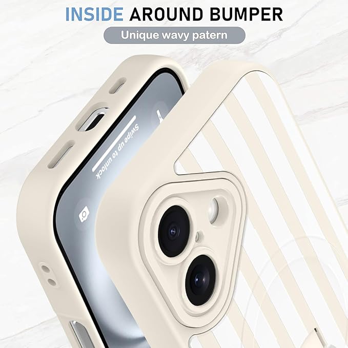 KANGHAR Compatible with iPhone 16 Case, Support for MagSafe, Silicone Stripes Cute Pattern, Wristband Kickstand Camera Protection Soft Slim Cover for Girls Women -White