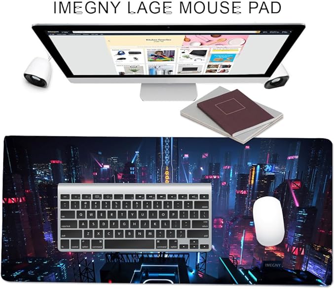 Extended Gaming Mouse Pad, Portable Mat for Keyboard & Mouse with Stitched Edges + Non-Slip Rubber Base (90x40 neoncity001)