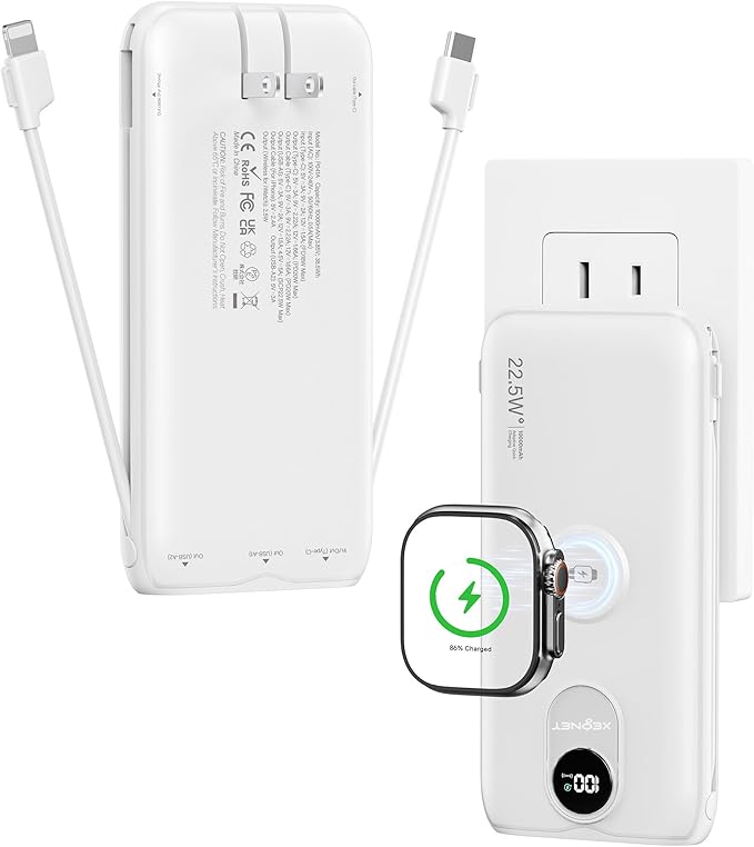 Portable Charger, 10000mAh 22.5W Power Bank Fast Charging with Wall Plug, Built-in Cables, LED Display, Compact Lightweight USB C Travel Battery Pack for iPhone 17/16, Android Cell Phone, Pad, iWatch