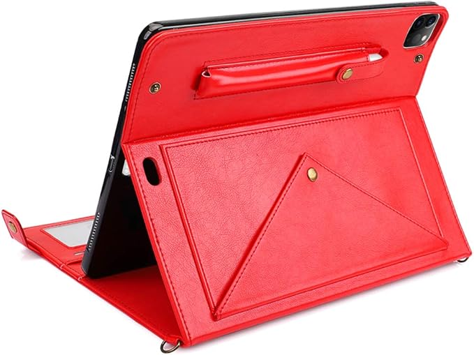 Handbag Case for iPad Pro 11-inch M5 M4 (2025/2024) - Techcircle Folio Stand iPad Crossbody Wallet Case with Pencil Holder, Hand Strap+Shoulder Strap Protective Cover, Red