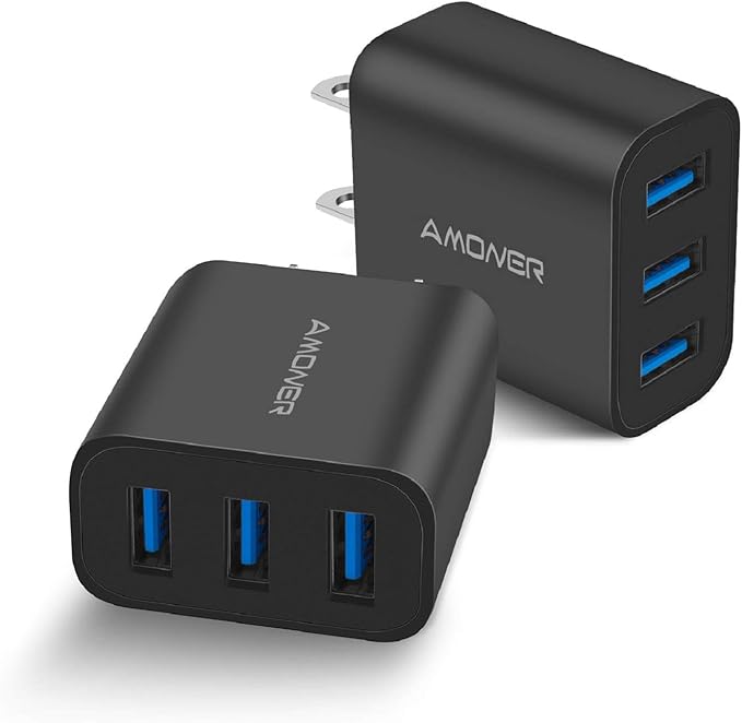 Amoner Wall Charger, Upgraded 2Pack 15W 3-Port USB Plug Cube Portable Wall Charger Plug for iPhone 13/12/mini/Pro/Max/11/Pro/Xs/XR/X/8/7/Plus, Galaxy10/9, Note10/9, and More