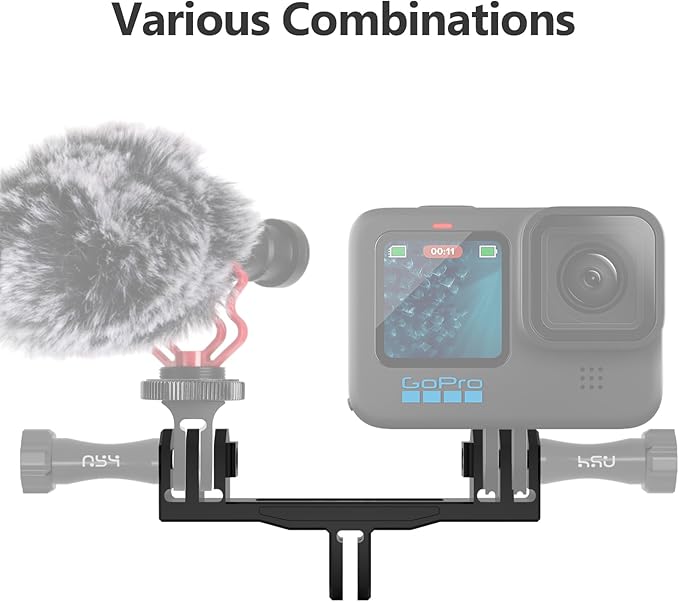 HSU Aluminum Dual Twin Mount Adapter for GoPro Hero 13/12/11/10/9/8/7/6/5/4 DJI Osmo Action AKASO Campark and Other Action Cameras