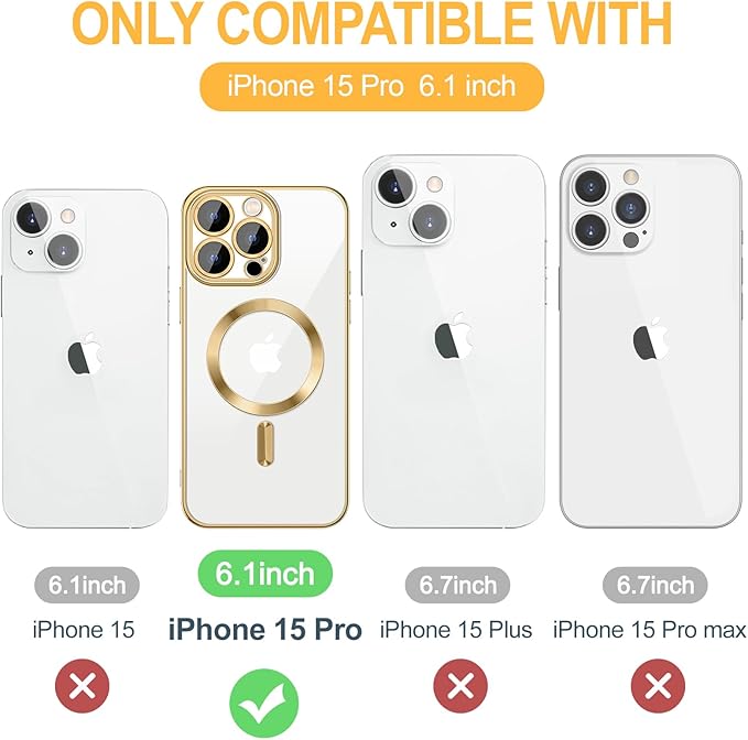 Hython Magnetic Clear for iPhone 15 Pro Case with Camera Lens Protector [Compatible with MagSafe] Luxury Plating Edge Slim Soft TPU Cover Protective Phone Case for iPhone 15 Pro 6.1", Gold