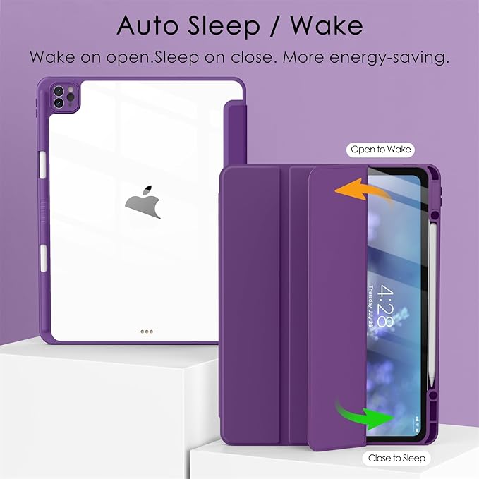 Soke Case for iPad Pro 12.9 Inch (6th/5th/4th/3rd Generation, 2022/2021/2020/2018) - Pencil Holder + Auto Sleep/Wake + Camera Protection, Transparent Shockproof Back Cover, Purple