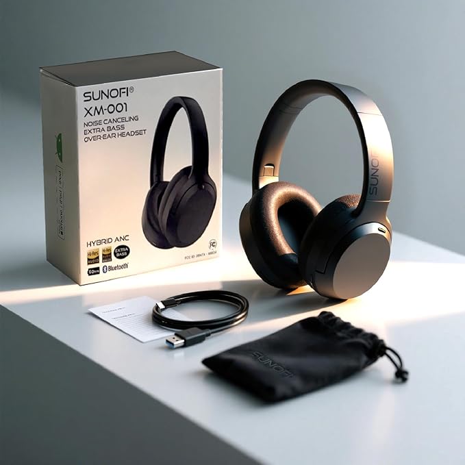 Hybrid Active Noise Cancelling Headphones, Wireless Over Ear Bluetooth Headphones with Mic, 60H Playtime, Hi-Res Audio, Deep Bass, Foldable Comfort Fit Ear Cups for Travel, Office, Home (Black)