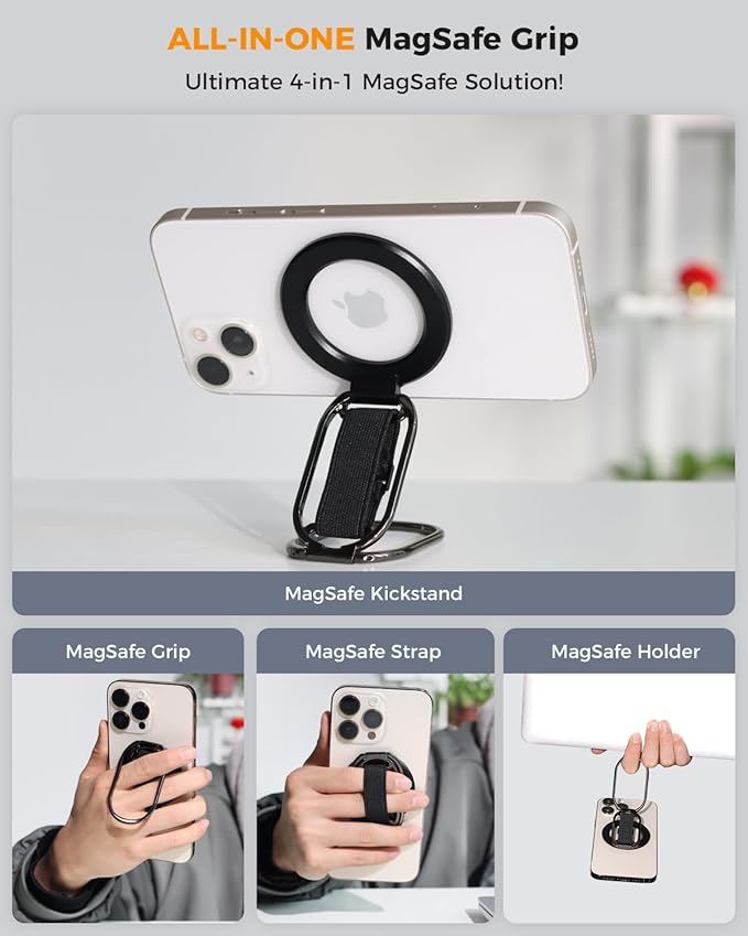 SUPERONE for MagSafe Phone Grip for MagSafe Kickstand Compatible with Mag Safe Finger Loop, 4-in-1 Phone Ring Holder Strap for Mag Safe iPhone 16/15/14/13/12 (Replacement Strap)