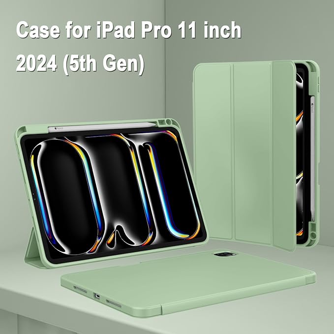 ZryXal iPad Pro 11 Inch Case (M5) 2025/ (M4) 2024 (Model: A2836/A2837/A3006), Trifold Stand Smart Cover with Pencil Holder and Soft TPU Back, Auto Wake/Sleep (Matcha Green)