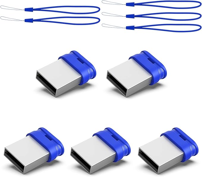 K&ZZ 5 Pack 32GB USB Flash Drive Small Thumb Drives with Lanyard 32GB Mini USB 2.0 Memory Stick USB Drive Zip Drive External Storage, Blue