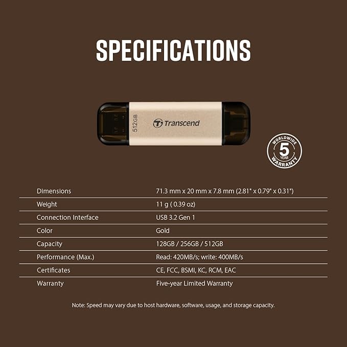 Transcend JF930 256GB Dual USB C Flash Drive for iPhone/iPad/Mac/Windows, Android/Tablet/PC/Gaming Console, Photo Stick Up to 420MB/s, USB 3.2 Thumb Drive, Memory Stick with 2-in-1 Type C &Type A