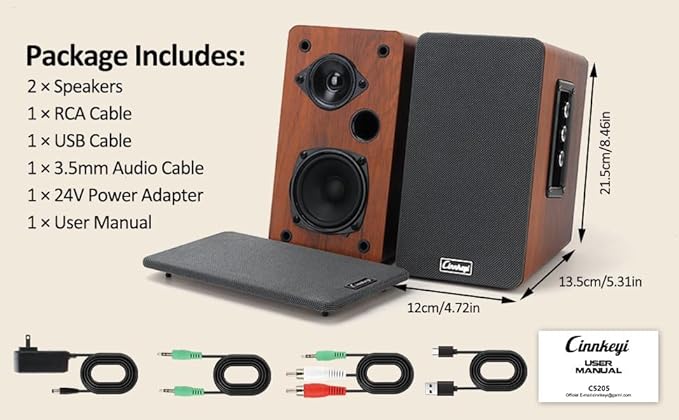 50W Wooden Bookshelf Speakers, Passive 2.0 Computer Speakers | Bluetooth, RCA, AUX (3.5mm), USB Inputs | Strong Bass PC Speakers for TV, Laptop, Turntable