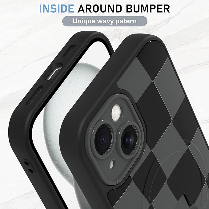 KANGHAR Compatible with iPhone 15 Case, Support for MagSafe, Silicone Checkered Cute Pattern, Wristband Kickstand Camera Protection Soft Slim Cover for Girls Women -Black