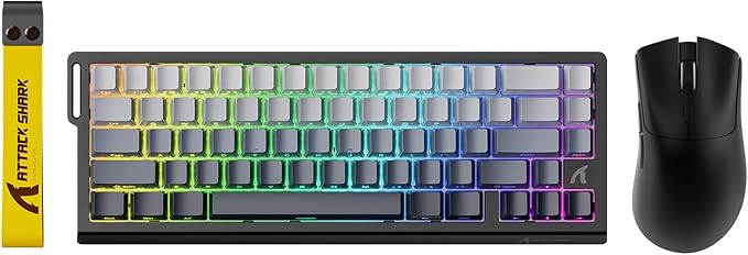 ATTACK SHARK X68 HE Wired Rapid Trigger Mechanical Gaming Keyboard and R1 Mouse with Adjustable Actuation,Coiled Cable,USB C/2.4Ghz Wireless/BT Ultralight 18K DPI Mice for Esport PC Gamer(Moonlight)