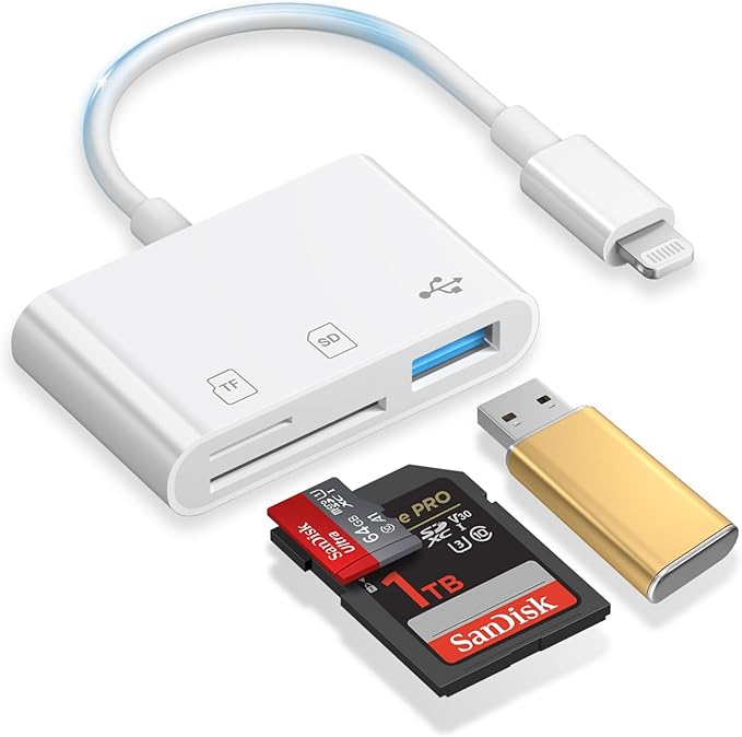 SD Card Reader for iPhone, 3-in-1 Lightning to SD Card Reader Micro SD Digital Camera Adapter Compatible with iPhone 14 13 12 11, Plug & Play