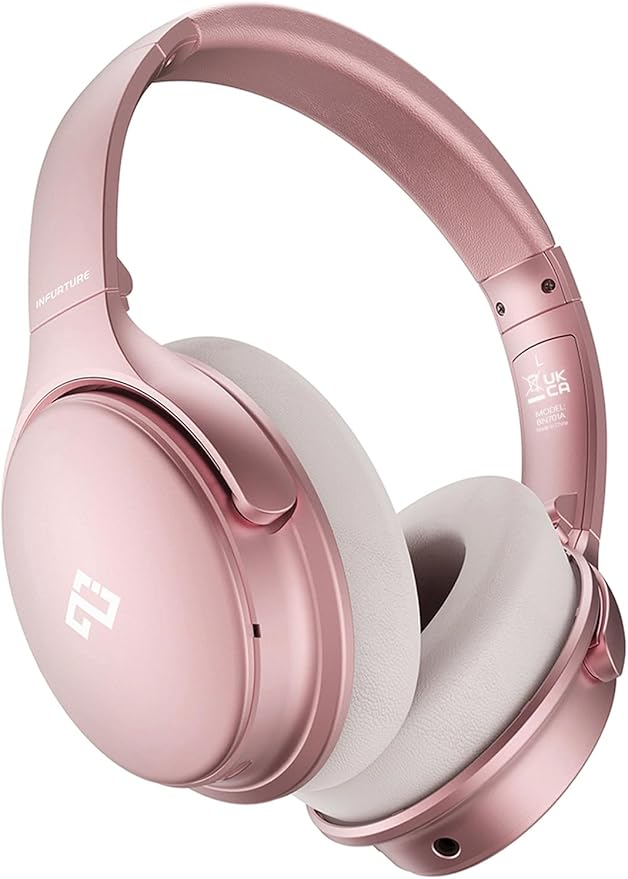 INFURTURE Pink Headphones Over Ear Headphones Active Noise Cancelling Bluetooth Headphones, Deep Bass Headset, Low Latency, 90H Playtime, Foldable Headphone for Sport Running Cool Gadgets Gift-H1