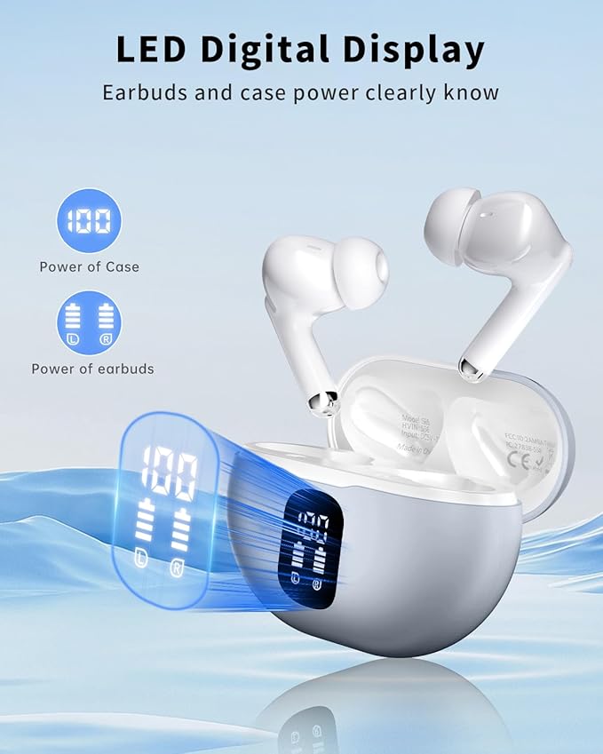 Wireless Earbuds, Bluetooth 5.4 Headphones with 50H Playback, Deep Bass Stereo Ear Buds Clear Calls with LED Power Display, IPX7 Waterproof, in-Ear Earphones with Mic for Phone/Android/iPad, Ash Gray