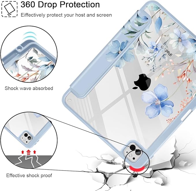May Chen Case for iPad Pro 11-Inch M5/M4 2025/2024 (6th/5th Generation), Clear Transparent Print Back Shell Slim Stand Shockproof Tablet Cover, Auto Wake/Sleep, Blue Flowers