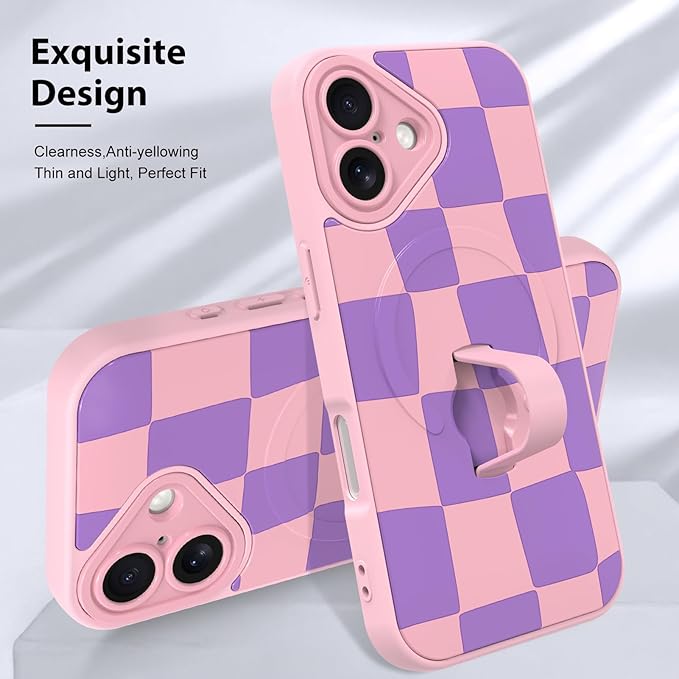 KANGHAR Compatible with iPhone 16 Case, Support for MagSafe, Silicone Checkered Cute Pattern, Wristband Kickstand Camera Protection Soft Slim Cover for Girls Women -Pink