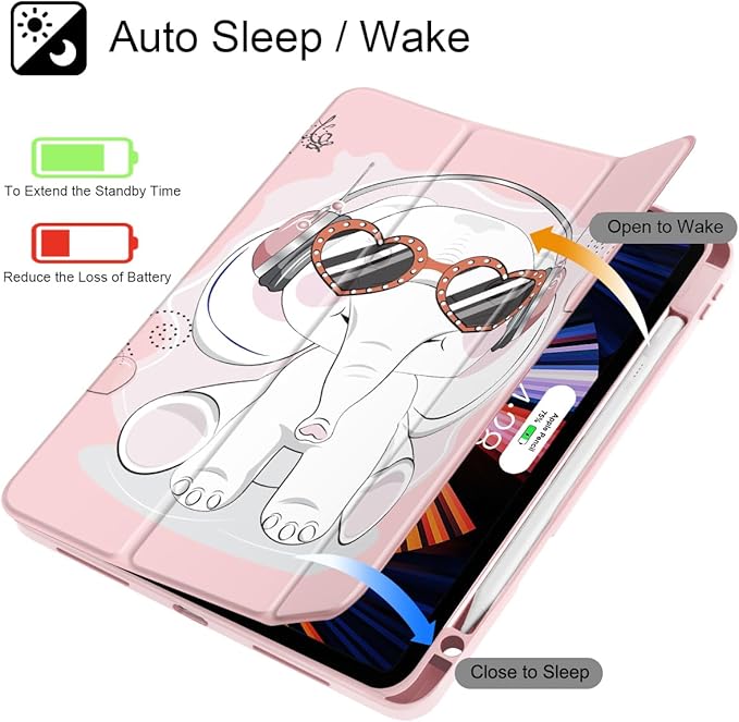 Tuiklol for iPad Pro 11 Inch Case M2 2022 Gen 4th -Built-in Pencil Holder Shockproof Cover Clear Transparent Back Shell Fit for iPad 11’’ 2021 2020 2018 Gen 3rd/2nd/1st for Kid, Lovely Elephant-Pink
