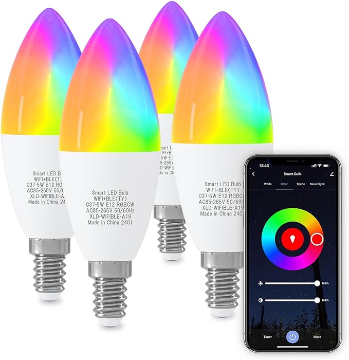 ORALUCE Smart Light Bulbs, WiFi＆Bluetooth E12 Smart Bulbs That Work with Alexa Google Home Compatible, 40W Equivalent Type B LED Light Bulb, RGBCW 2700-6500K Color Changing, 5W 450LM, 4Pack, (C37-5W)