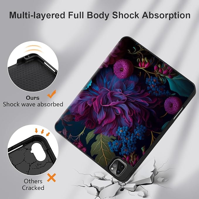 MEEgoodo for iPad Pro M2 12.9 Case 6th/5th/4th/3rd Generation 2022 2021 2020 2018 with Pencil Holder, Tablet Cover with TPU Back Shell, Beautiful Fantasy Flower