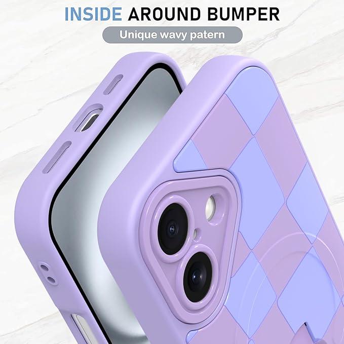 KANGHAR Compatible with iPhone 16 Case, Support for MagSafe, Silicone Checkered Cute Pattern, Wristband Kickstand Camera Protection Soft Slim Cover for Girls Women -Purple